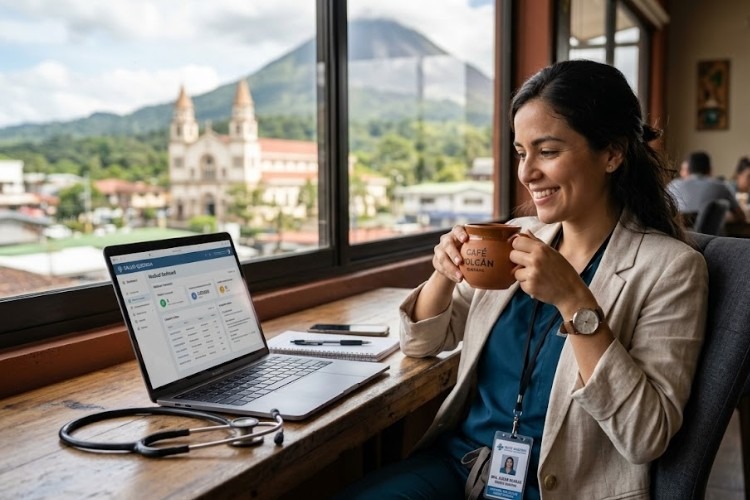 Doctora joven tranquila por su contabilidad para servicios profesionales está al día
