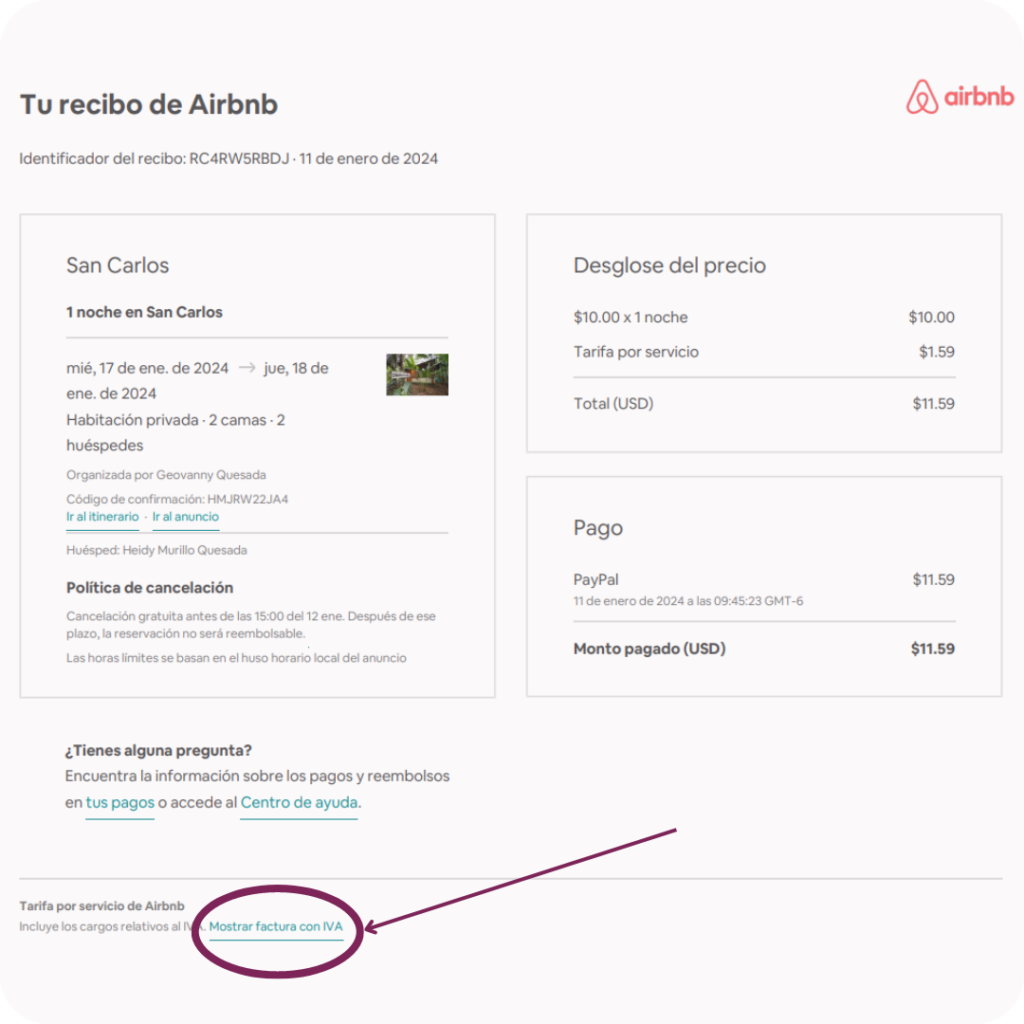 Este recibo no equivale a la factura por el total pagado en Airbnb