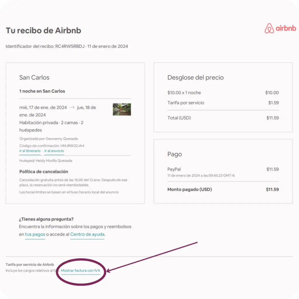 Este recibo no equivale a la factura por el total pagado en Airbnb