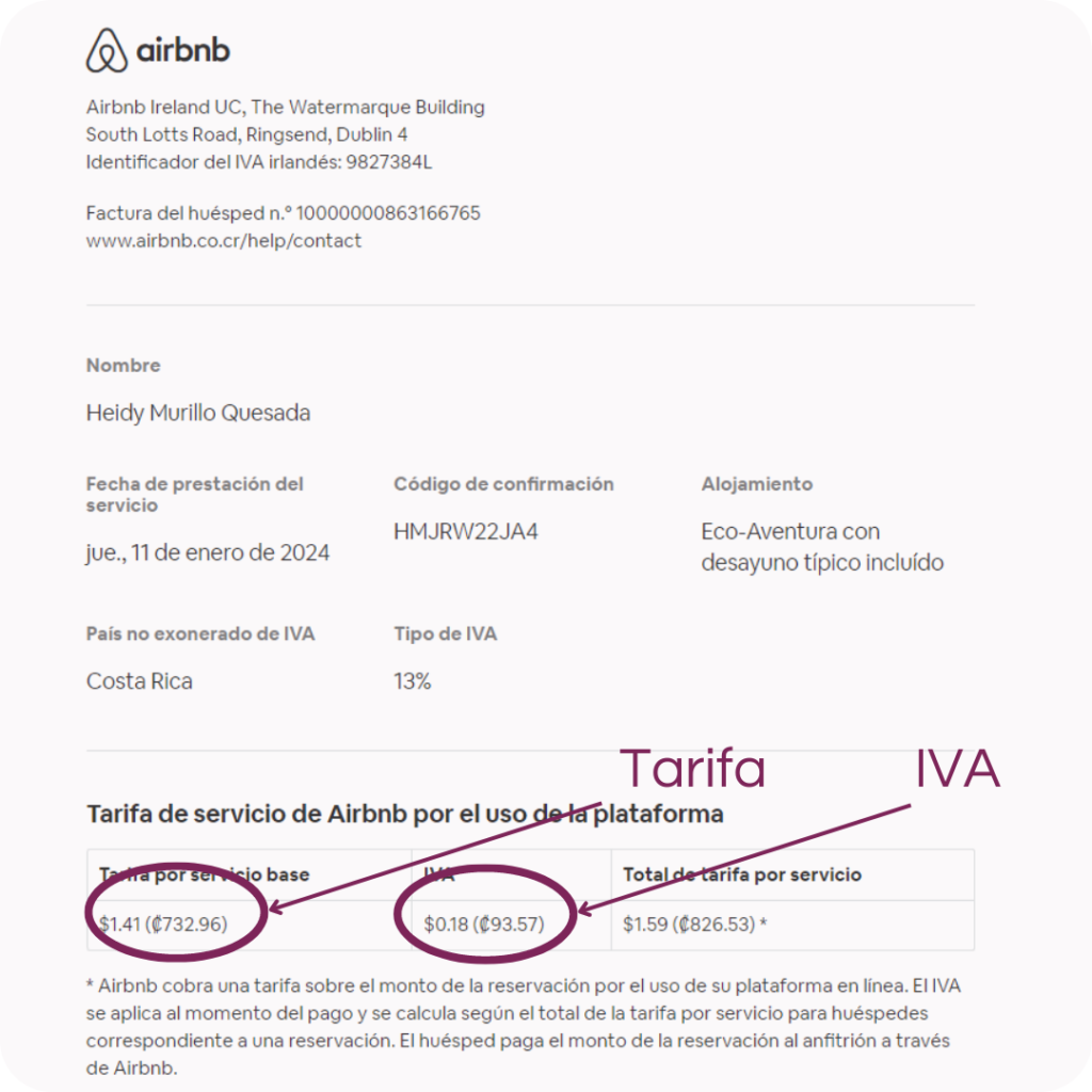 Este es el recibo que completa la factura por el total pagado en Airbnb