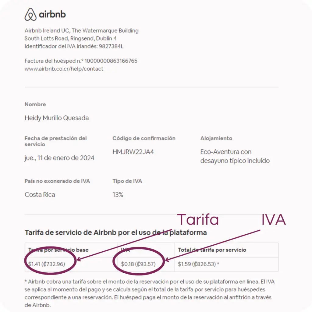 Este es el recibo que completa la factura por el total pagado en Airbnb