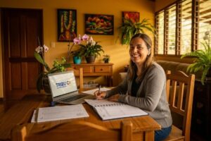 Mujer auxiliar contable latina, con un audífono, sonríe mientras trabaja en su escritorio en un hogar costarricense. Frente a ella, una computadora portátil muestra el logo de 'TRIBU CR' junto a cuadernos de contabilidad.