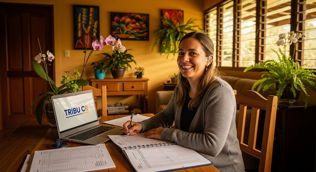 Mujer auxiliar contable latina, con un audífono, sonríe mientras trabaja en su escritorio en un hogar costarricense. Frente a ella, una computadora portátil muestra el logo de 'TRIBU CR' junto a cuadernos de contabilidad.