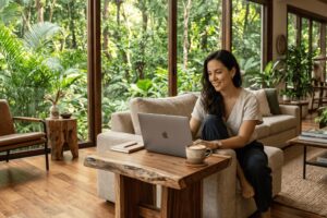 Anfitriona de Airbnb en Costa Rica revisando tranquilamente sus finanzas en la computadora, tras aplicar la fórmula fiscal para la nueva tarifa simplificada y proteger su rentabilidad.