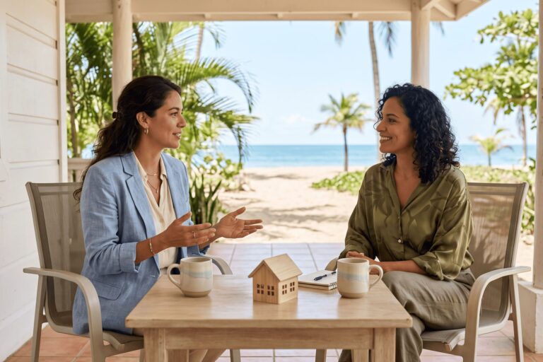 Mujeres en la casa de playa decidiendo entre impuestos de Airbnb