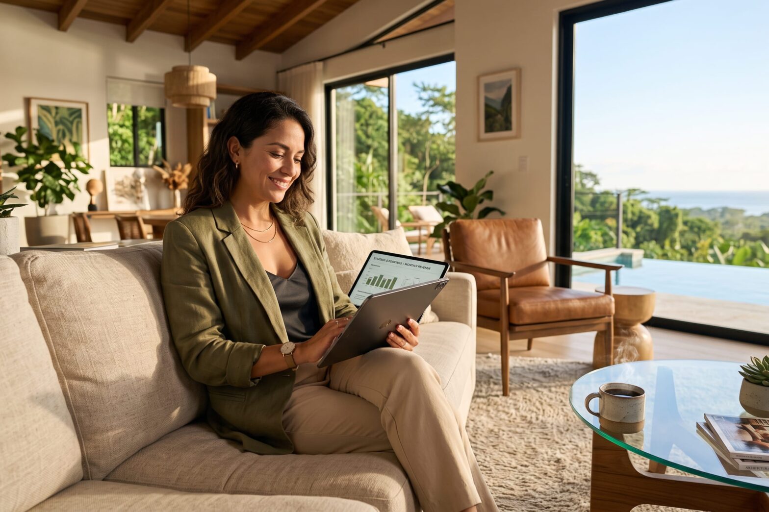 Property manager relajado revisando estados de cuenta automatizados en una tablet dentro de una propiedad moderna.