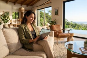 Property manager relajado revisando estados de cuenta automatizados en una tablet dentro de una propiedad moderna.