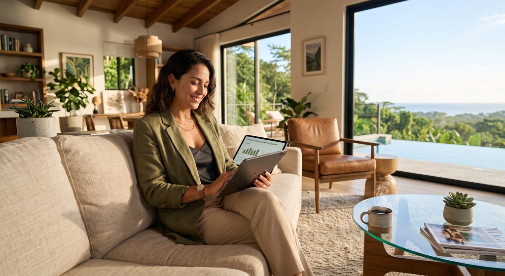 Property manager relajada revisando estados de cuenta automatizados en una tablet dentro de un Airbnb moderno