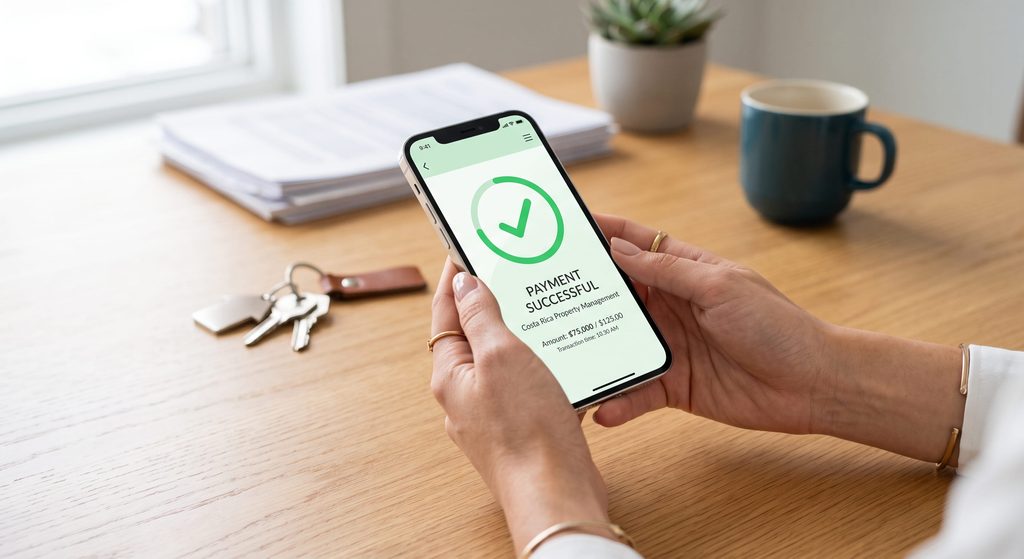 Primer plano de un teléfono móvil confirmando un pago masivo a proveedores y sincronización contable para property managers de Airbnb.